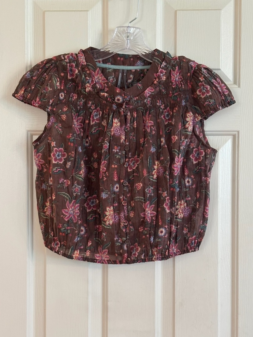 Anthropologie Smocked Bubble Blouse Brown Floral Size XS NWT